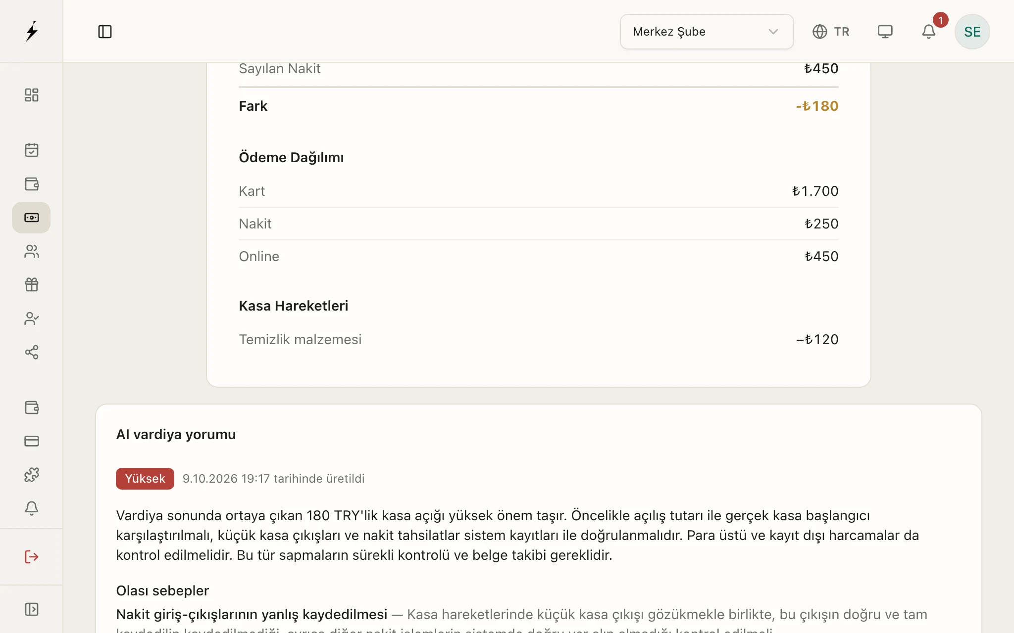 Zencron panelinde Kasa ekranı